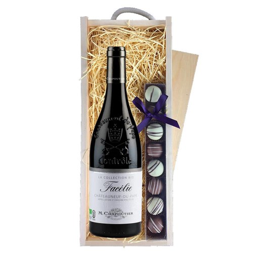 Chateauneuf-du-Pape Facelie Collection Bio M.Chapoutier 75cl Red Wine & Heart Truffles, Wooden Box